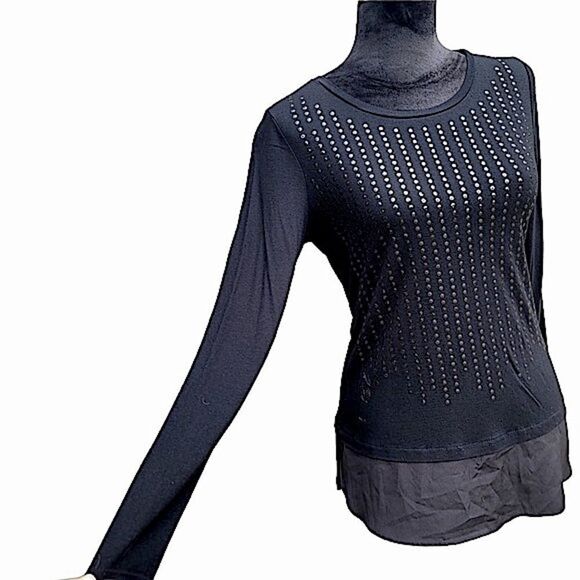 APT 9 Studded Layered Long Sleeve Black Tunic Top Medium lightweight - Picture 1 of 15